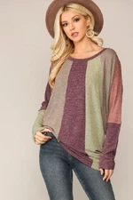 Gigio Top Burgundy Mix Size Small New with Defect Dolman Long Sleeves Multicolor