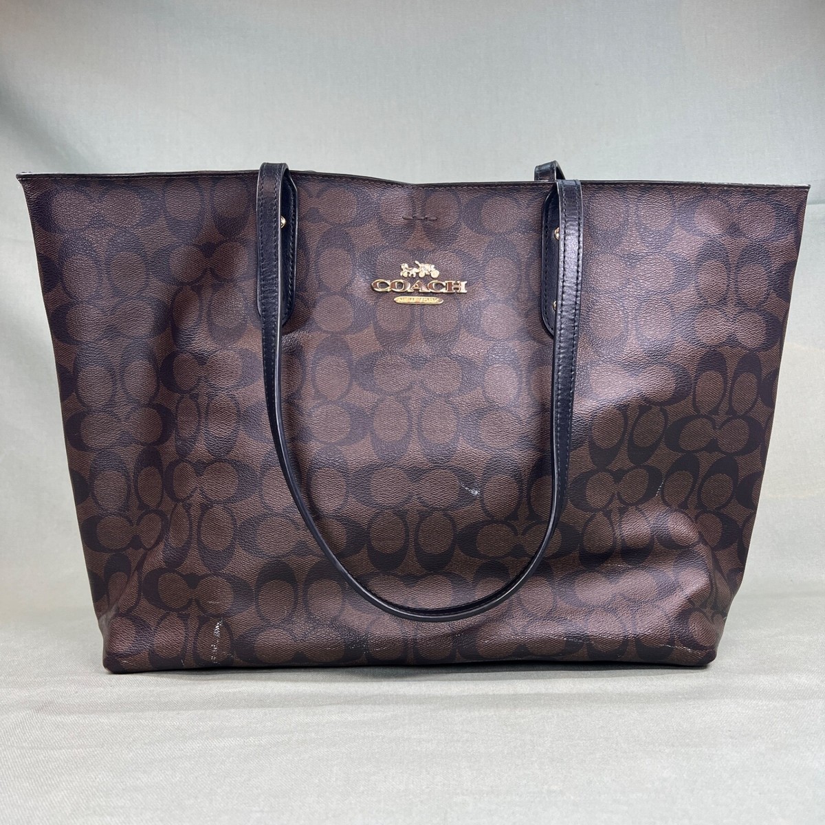 Coach F76636 Signature Town Tote Brown Black Shoulder Bag Handbag 