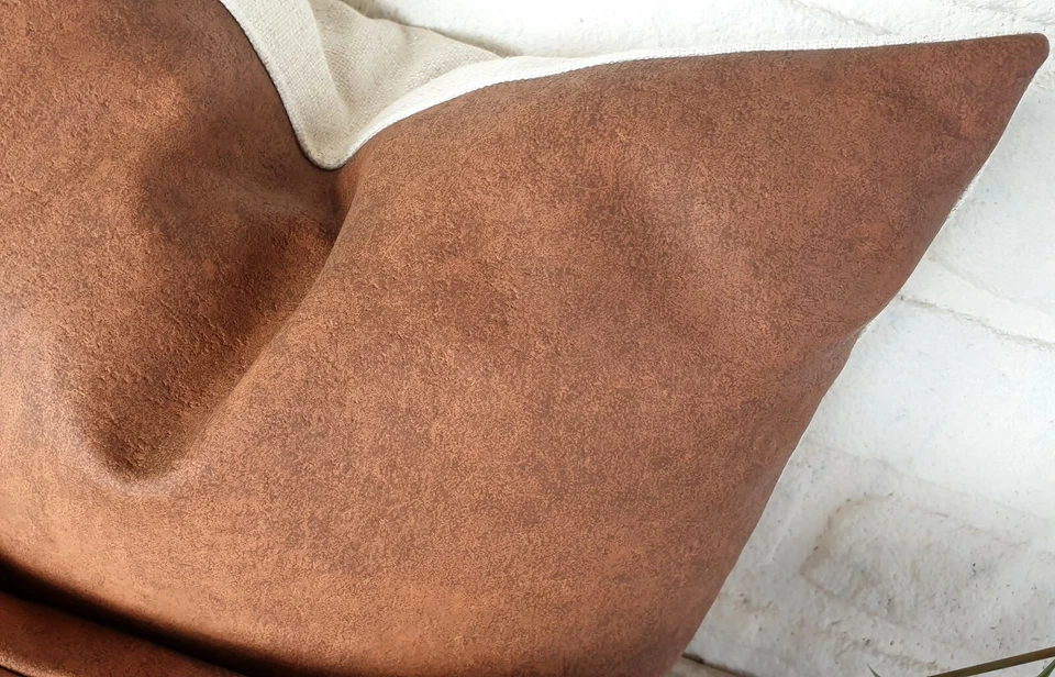 Cognac brown cork look faux leather color and back side linen pillow cover-1QTY - Image 4 of 4