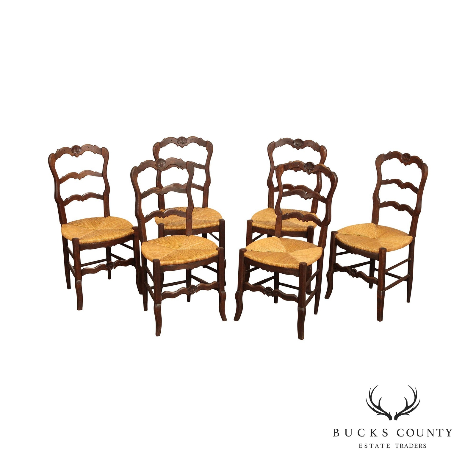 French Country Style Antique Ladder Back Set Of Six Rush Seat Dining
