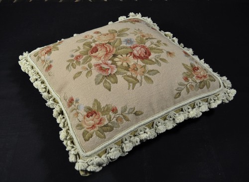 Wool Needlepoint Throw Pillow Cover | Bouquet of Roses Cushion Pillowcase 18x18 - Picture 11 of 19
