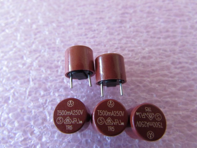 5-Pack T500mA 250V 500mA (0.5A) Radial PCB Fuse – Slow Blow / Time Delay, Cylindrical, 8.5x8.0mm