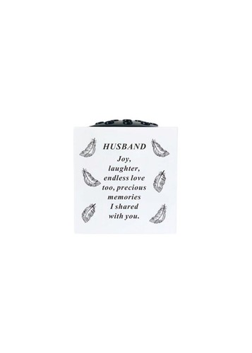 White Square Memorial Vase Pot Black Feather Print Plastic Grave Flower Funeral - Picture 10 of 16