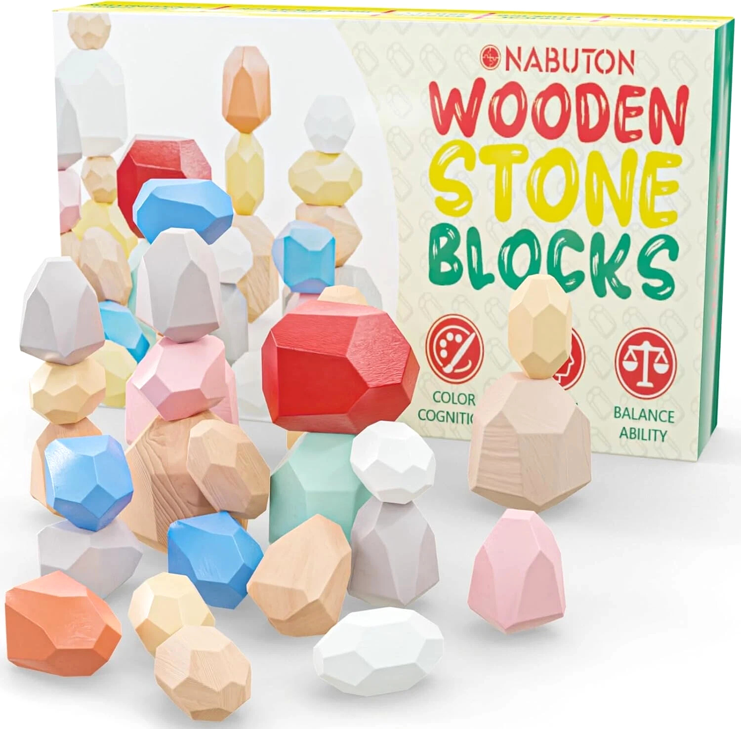 36 Piece Balancing Wooden Stone Blocks for Toddlers Multicolored Stacking Stones