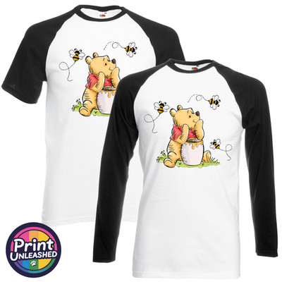 Classic Pooh & Bees Baseball Tee Pooh Hunny T-Shirt Kontrastärmel Unisex S-XL
