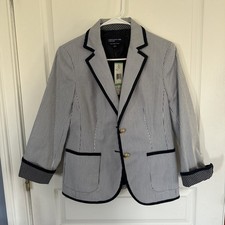 Jones New York Signature Stretch Women s Blazer Navy Blue White Stripe NWT