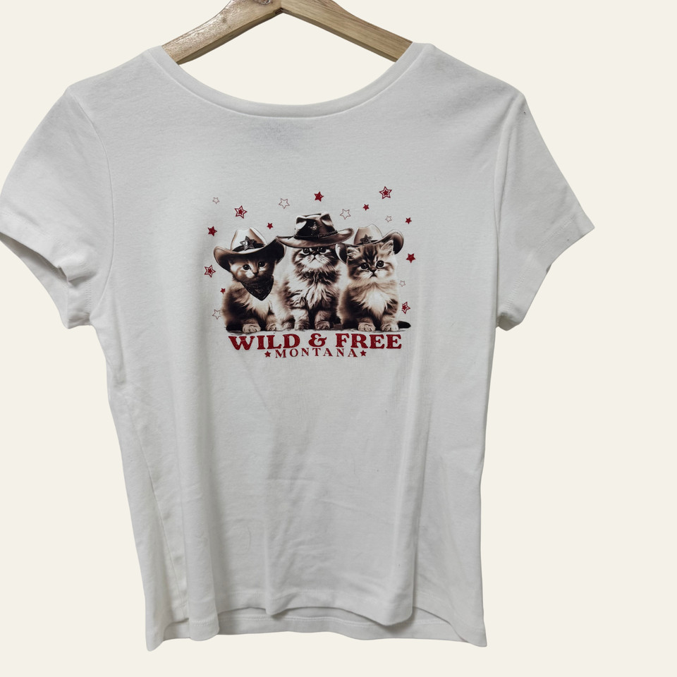 Jay Jays White Western Cat Graphic Baby Tee Size Large Cowboy Kitten T-Shirt