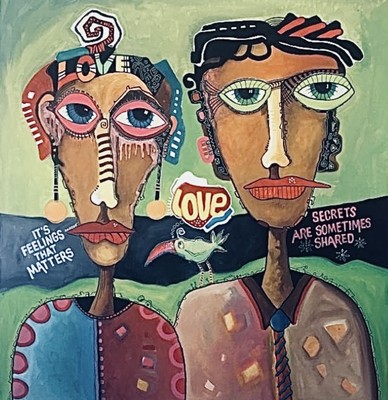 Original Acrylic painting on rolled canvas signed. Unframed. Size: 37 X38 