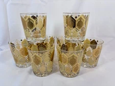 Vintage MCM CERA Ned Harris Low Ball Glasses 22K Gold Pineapple Barware Set Of 8