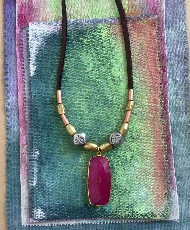 $590 Ruby Sundance Charm Necklace leather suede cord handmade artisan jewelry - Image 3 of 4
