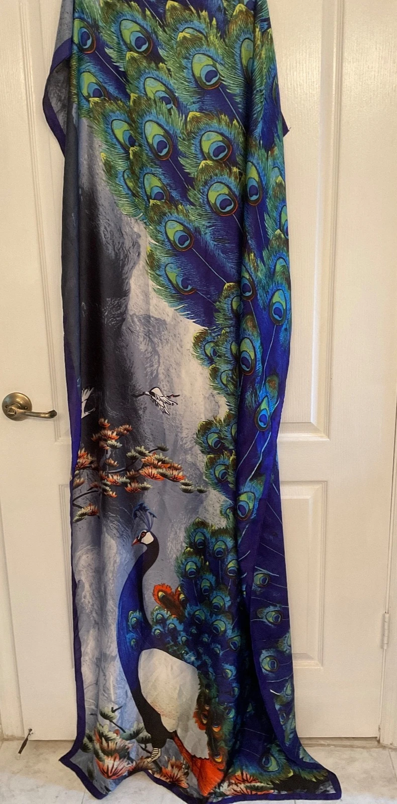 Unbranded 70” X 35” Oblong Scarf Peacock Birds 100% SILK Blue