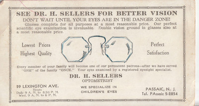 Vintage Advertising Ink Blotter Dr. H. Sellers Optometrist Passaic, New Jersy