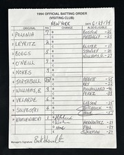 Buck Showalter SIGNED 6-29-1994 Yankees @ Red Sox Official Lineup Card w/O’Neill