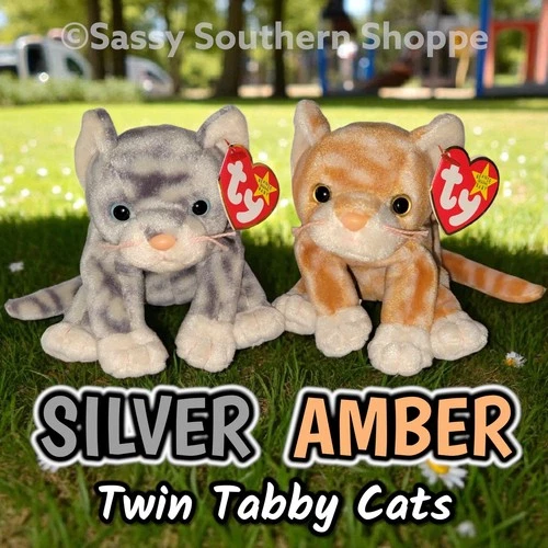💛 AMBER & SILVER 🩶 1999 Ty Beanie Babies Vintage Striped Tabby CAT Set *MWMT*