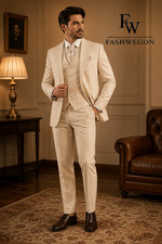 FASHWEGON Luxury Men's Cream Slim Fit 3 Piece Suit for Wedding, Prom Business