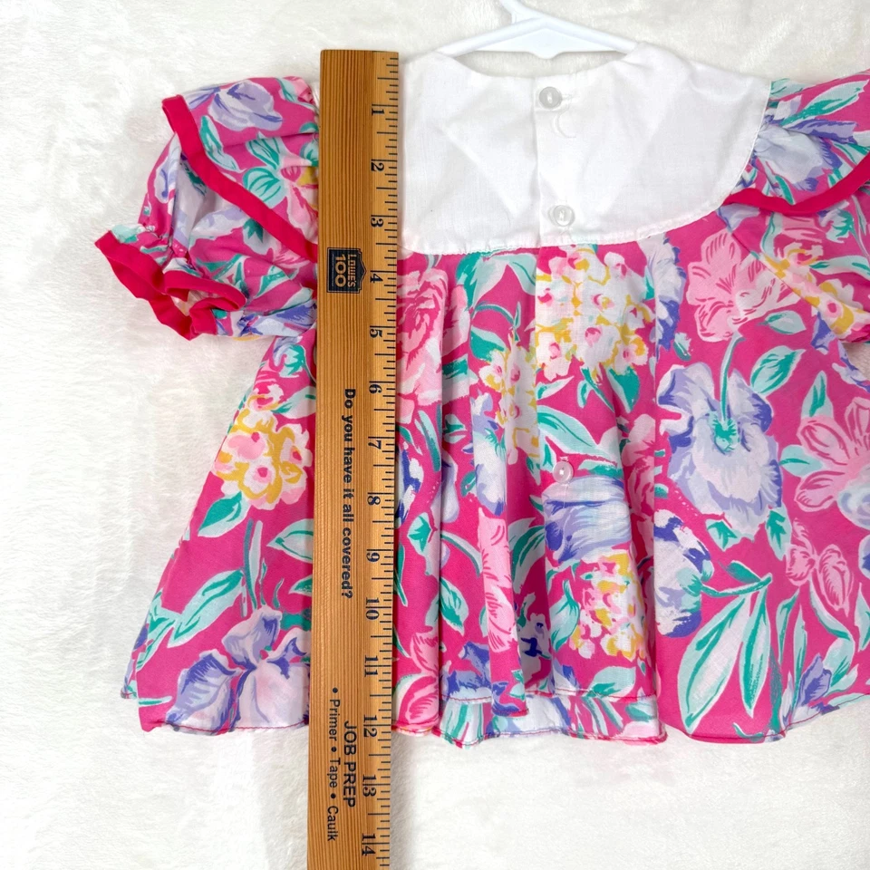 VTG Floral Bow Ribbon Peter Pan Collar Puff Sleeves Dress Baby 12 Months Pink - Image 3 of 4