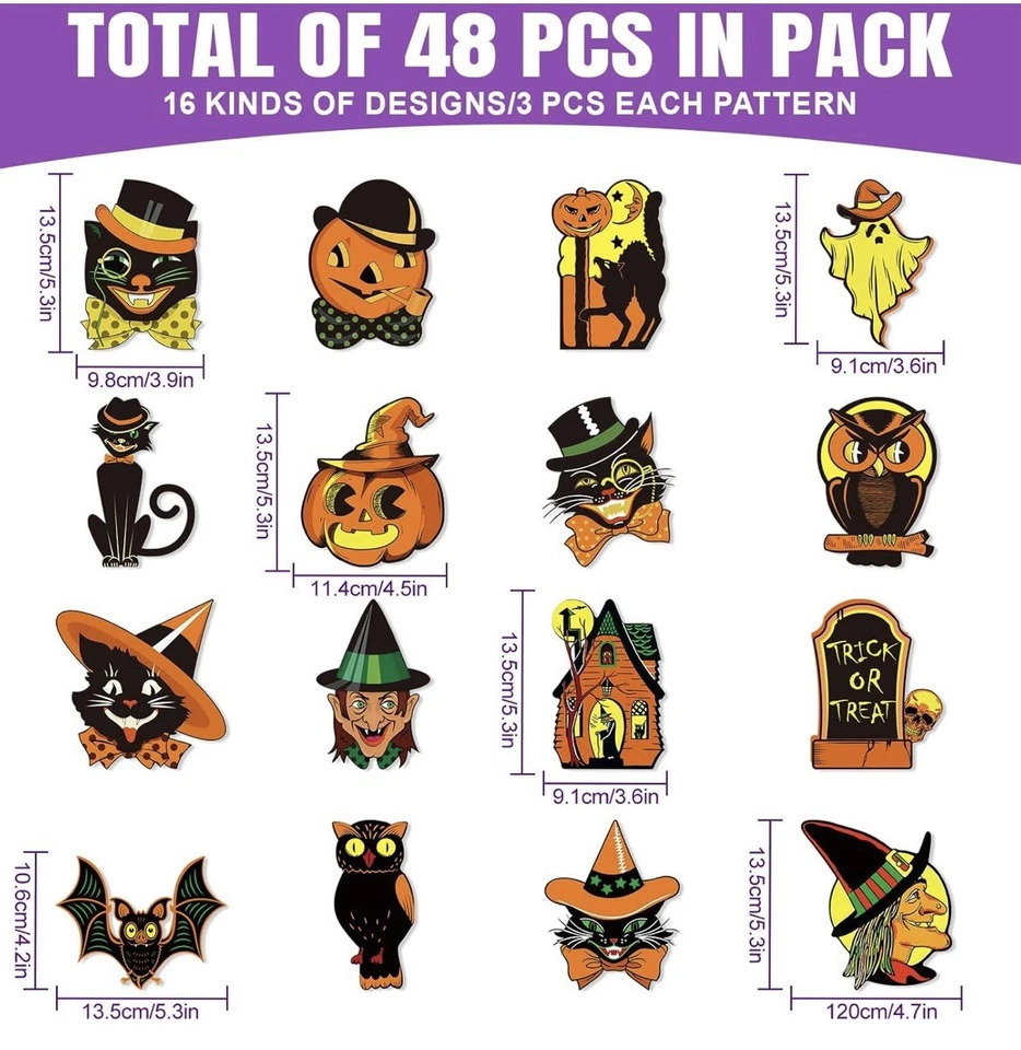 40Pcs Vintage Halloween Decorations - Assorted Retro Pumpkin, Cat, Owl Cutouts - Image 3 of 4