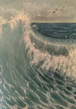 Original Artwork OIL Painting Seascape BERD Big Azure SEA WAVE Unique Art GiftA5