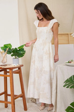 Floral Square Neck Midi Dress Women Modest Elegant Flowy Beige Cream