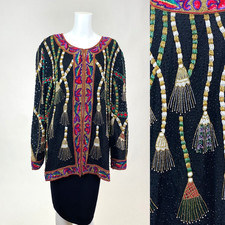 Vintage 1980s Silk Sequins Beaded Jacket Tassel Design Party Top New Years Eve