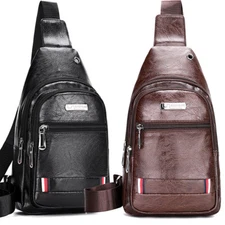 Men Leather Sling Bag Chest Shoulder Fanny Pack Crossbody Travel Backpack Gift