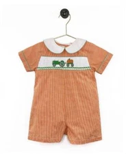 Petit Ami Orange Check Pumpkin Tractor Smocked Romper  12 18 24 Months