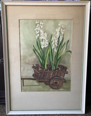 ~Vintage Original Watercolor Art Painting~Plant In Cart~By Luella Shirley~Rare~