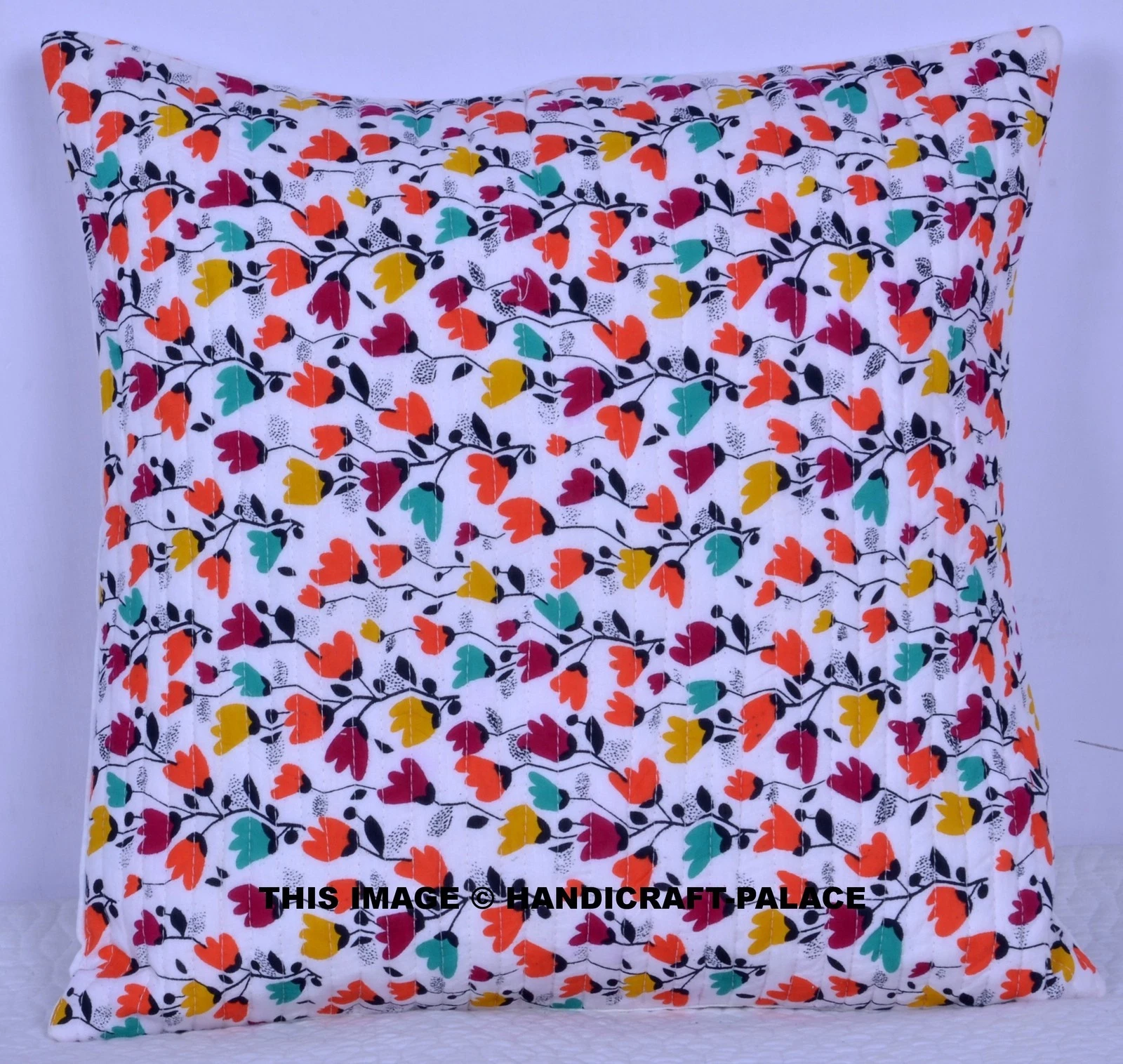 INDIEN CUSHION COVER PILLOW CASE QUILTED WORK WHITE FLORAL PRINT COTTON THROW