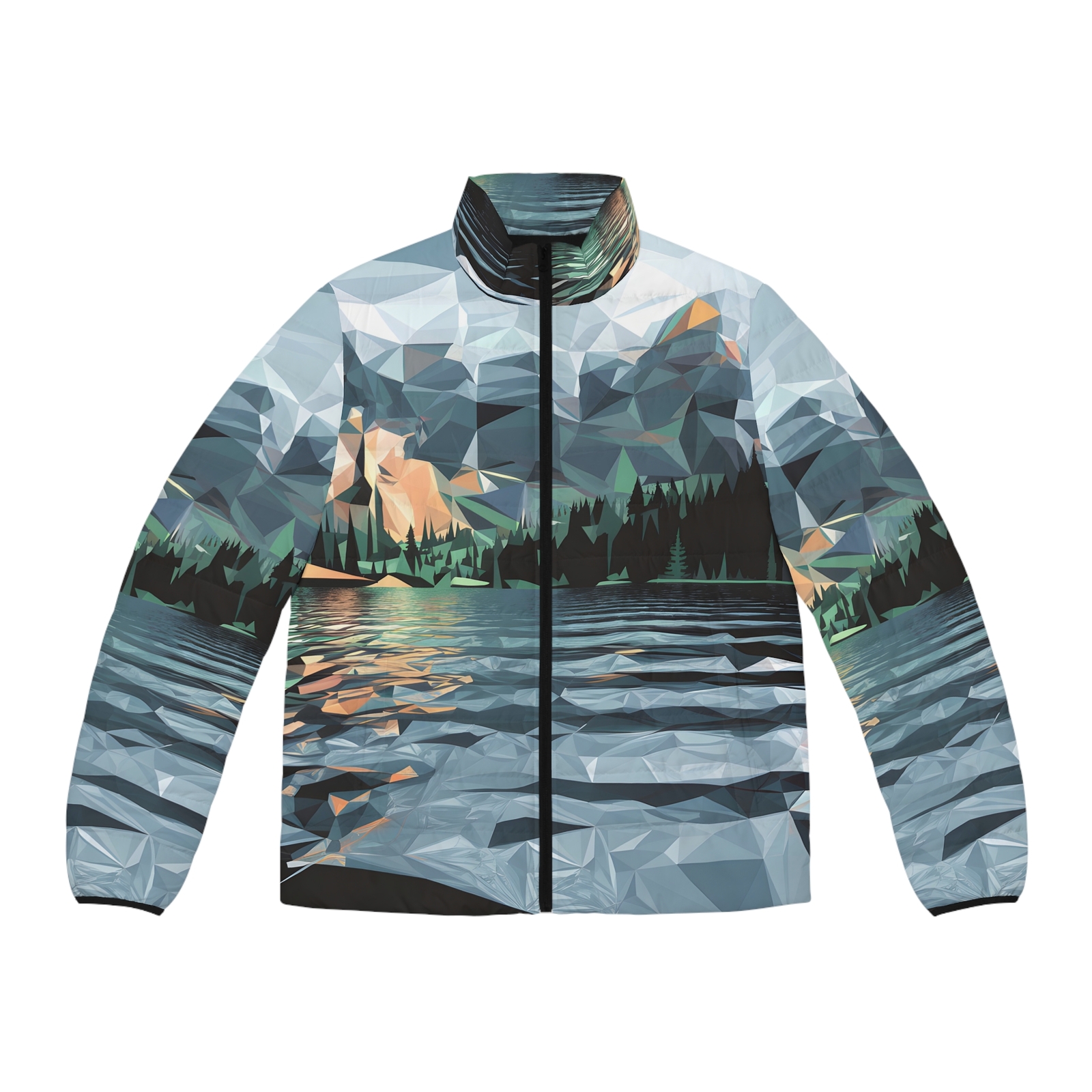 Puffer Jacket for Outdoor Adventure Abstract Lakes Design Waterproof Warm Style