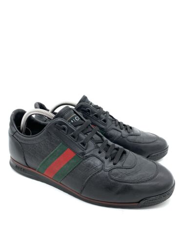 Gucci Micro Guccissima 233334 Men's Black Leather Web Sneakers Size - US 9.5