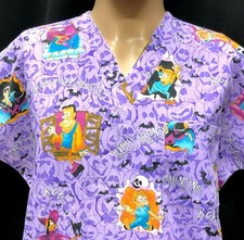 Womens Halloween Scrub Top Medium Dracula Skeleton Mummy Witch Bats Medical