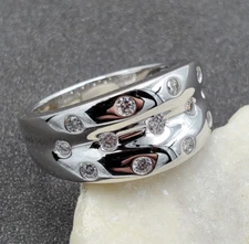 QVC Epiphany CZ Scattered Stone Platinum Clad 925 Sterling 3 Row Band Ring 8.25