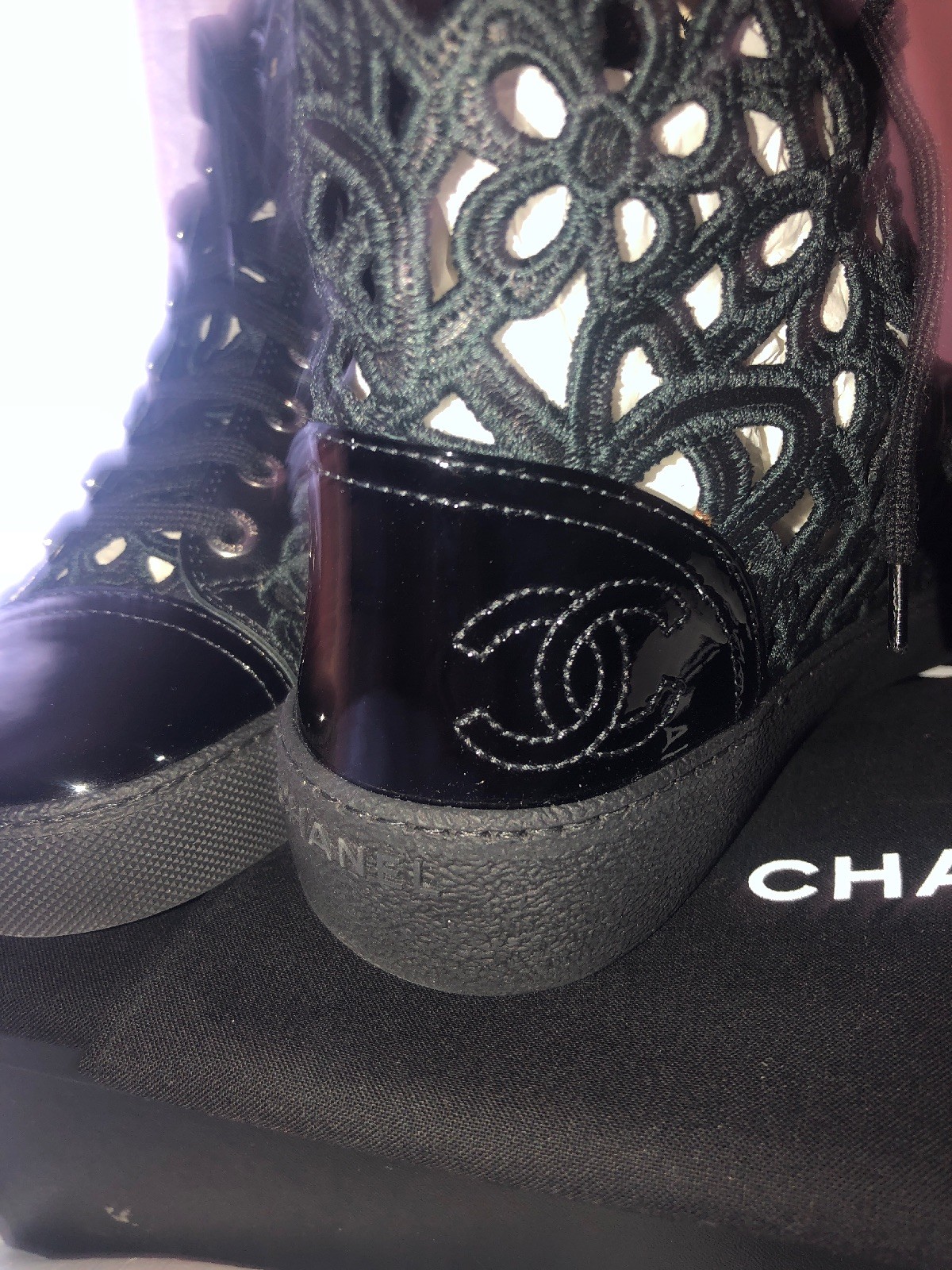 NIB CHANEL Floral Cutout Hightop Sneakers Black Leather w/Patent Tip Sz.37 $1.2K image 6