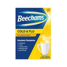 Image of Beechams Cold & Flu Hot Honey & Lemon x5 Sachets | Headache Fever Aches Pains