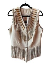 Tribe America Leather Vest Native Beaded Fringe Western Cowgirl Sz:12