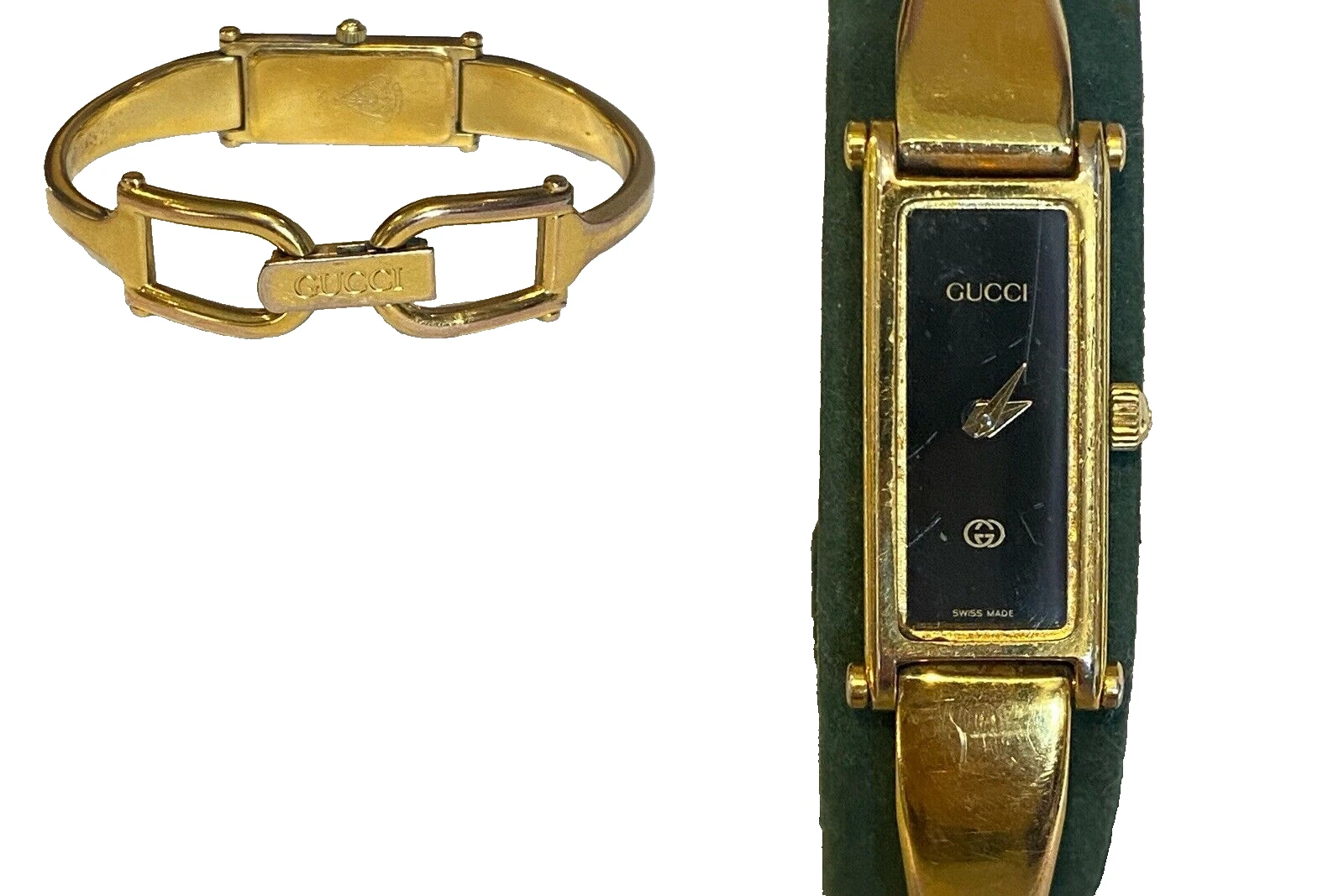 Montre femme vintage AUTH GUCCI   Bracelet ton or   Fermoir mors de cheval   1500L   Pour pièces