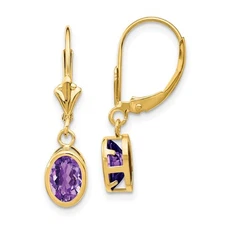 14k Yellow Gold 7x5mm Oval Amethyst Leverback Drop & Dangle Earrings 0.86gm
