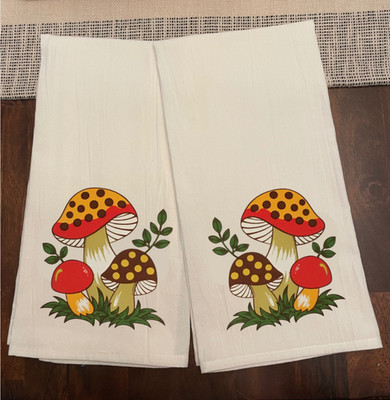Kitchen Towels Merry Mushroom Themed Set of 2 Ink on 100% Cotton Size 28x28