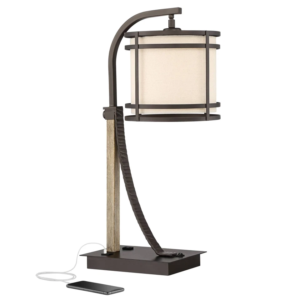 Gentry Industrial Desk Lamp 22" High Oil Rubbed Bronze Faux Wood USB and Outlet - Image 2 of 4