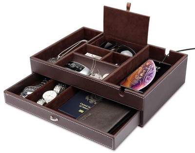 Valet Tray for Men 2 Layer Leather Nightstand Organizer Bedside Storage