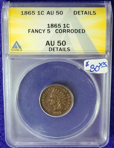 1865 Indian Head Cent Fancy 5 AU 50