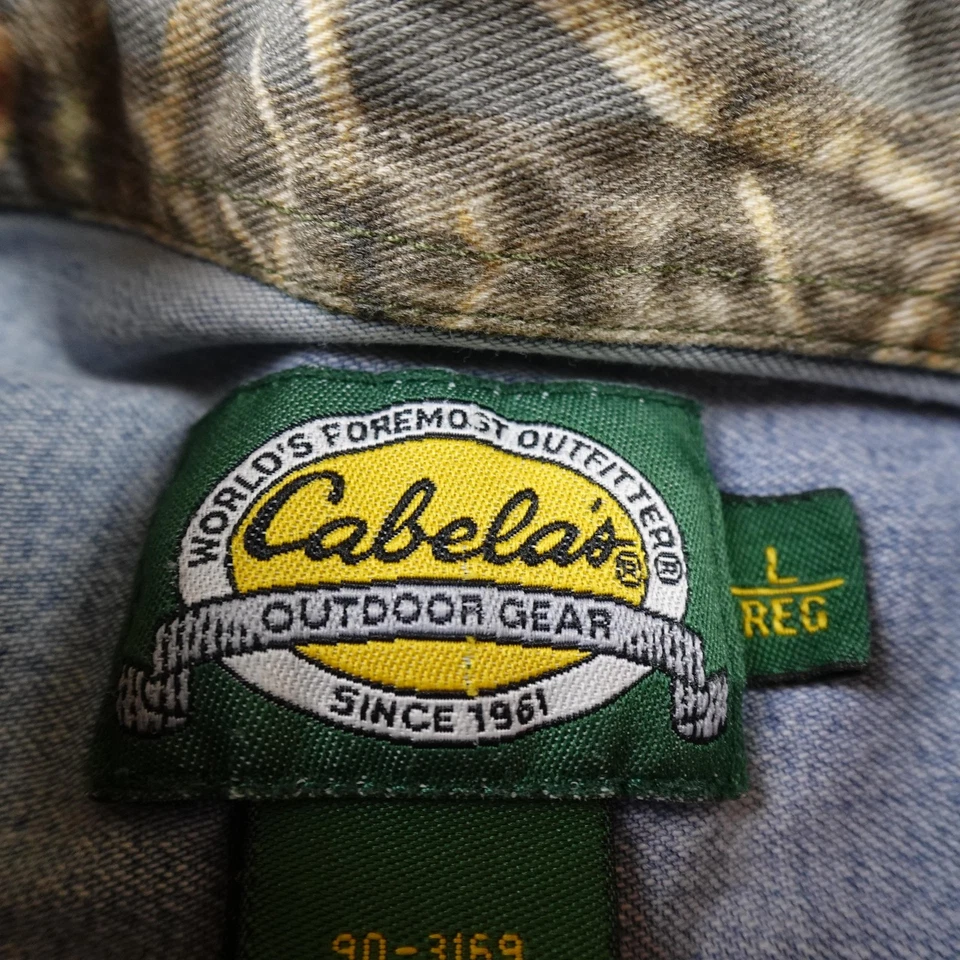 Camisa Denim Cabelas De Colección Para Hombres L Azul Manga Larga Camuflada Codos Parches Caza Años 90 Foto 3 de 4