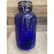 VTG Farmer Browns Penny Candy Jar Cobalt Blue Glass 4 Qt Italy Clamp Lid 11.5"