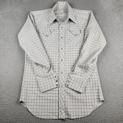 H Bar C Shirt Mens Medium Brown Plaid Pearl Snap Sawtooth Made USA Ranchwear
