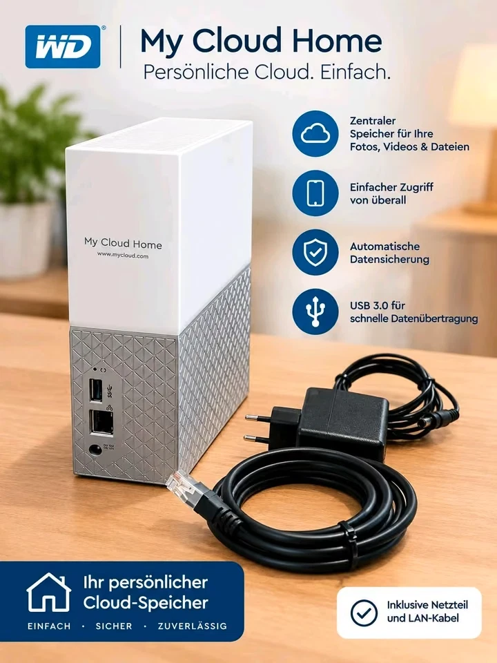 WD My Cloud Home 4TB NAS WDBVXC0040HWT komplett mit Netzteil & Zubehör