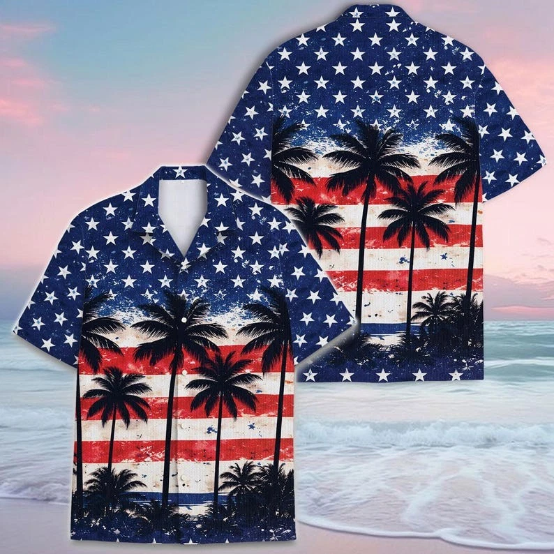 USA American Flag Palm Tree Hawaiian Shirt Men Summer Beach Casual Aloha Shirt