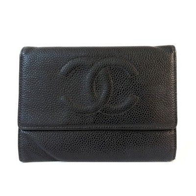 Authentic CHANEL Tri-fold Wallet Coco Mark CaviarSkin Leather Black