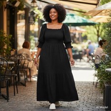 Shein Curve Maxi Dress 2XL Black Swiss Dot Smocked Square Neck Puff Sleeve
