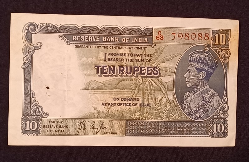 1937 Reserve Bank of India 10 rupees King George VI  Taylor  crisp British India