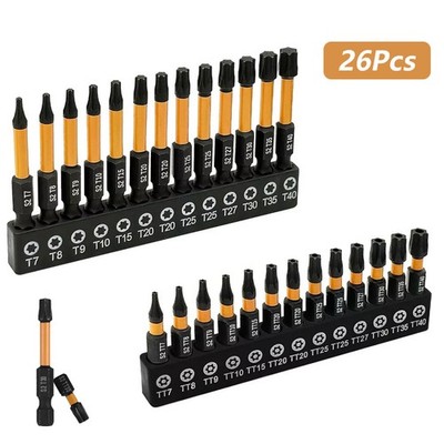 26PC Security Torx Bit Set S2 Steel Tamper Proof Star Impact Bits With Holder